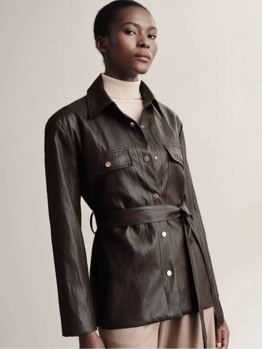 Zara Dark Brown Leather Belted Shirt Jacket
